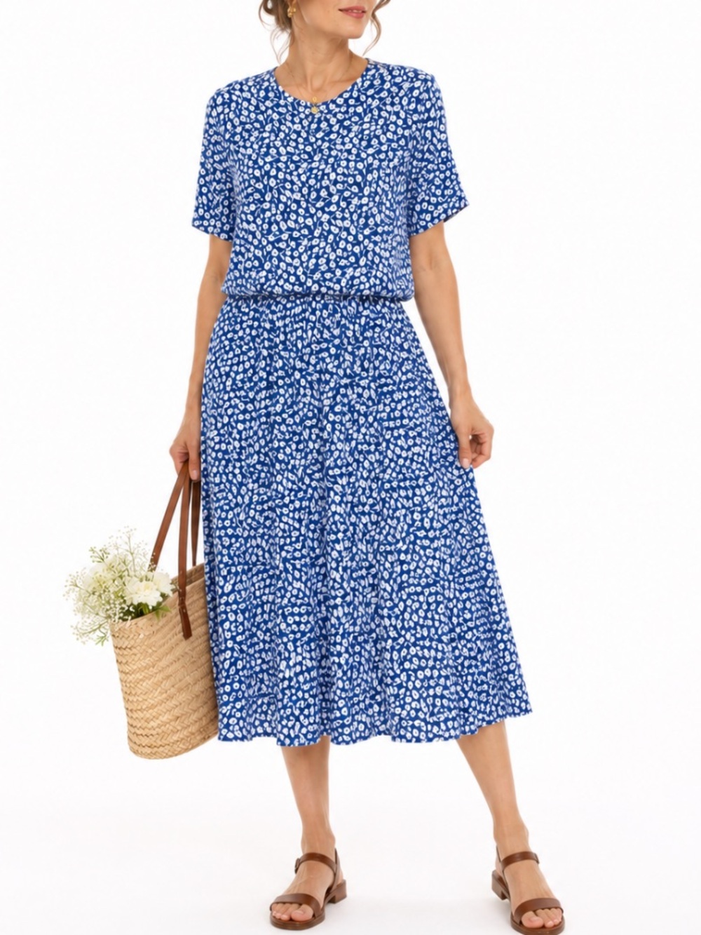 VTG Alison Peters Blue Micro Floral Print Midi Skirt Set Modest Cottage Retro 8 - Picture 1 of 15